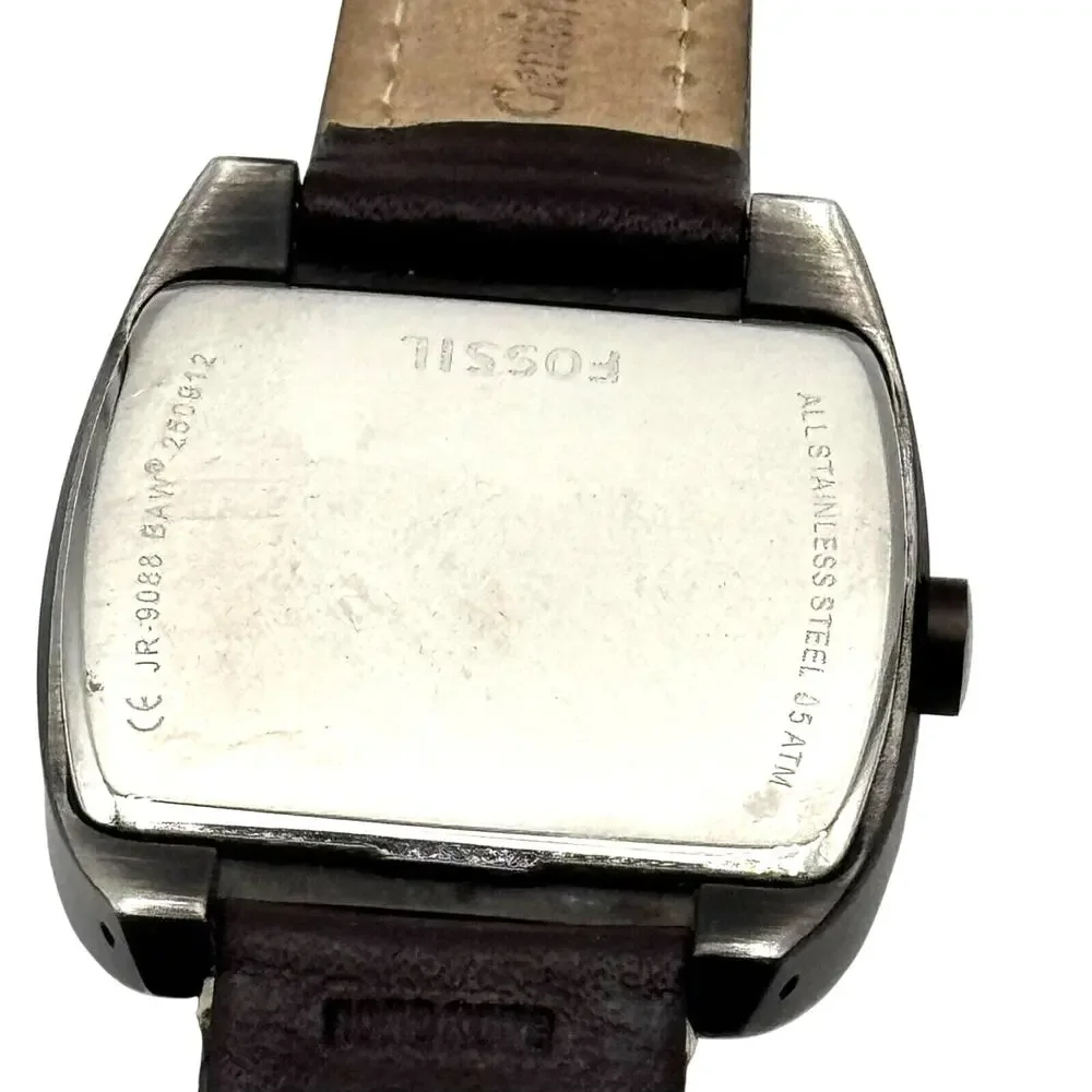 FOSSIL Vintage Quartz Stainless Steel Silver Watch Black Leather Band y2k Dakota